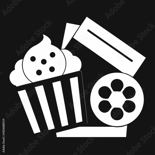 Set of Cinema Icons with Popcorn, Movie Elements Vector Illustration
