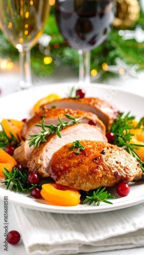 Roasted pork tenderloin with fruit and herbs. Festive dinner scene