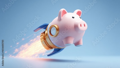 Pink piggy bank with a rocket, flying fast