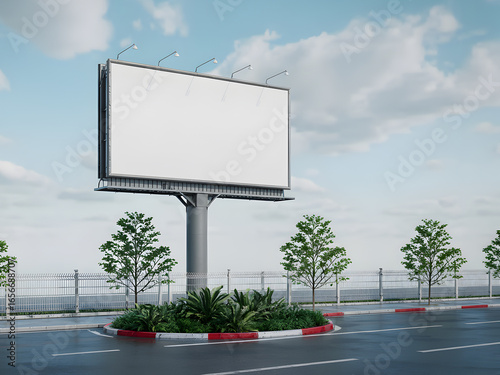 Large Blank White Outdoor Billboard Mockup on Street with Trees and Blue Sky, Empty Advertising Space for Design, Urban City Roadside Banner Template.