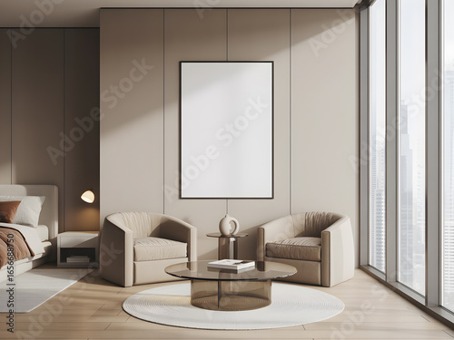 Modern Minimalist Living Room Interior with Blank White Poster Frame, Beige Armchairs, Glass Coffee Table and City View Window