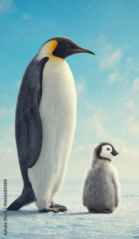 Fototapeta premium Majestic penguin and chick on icy landscape