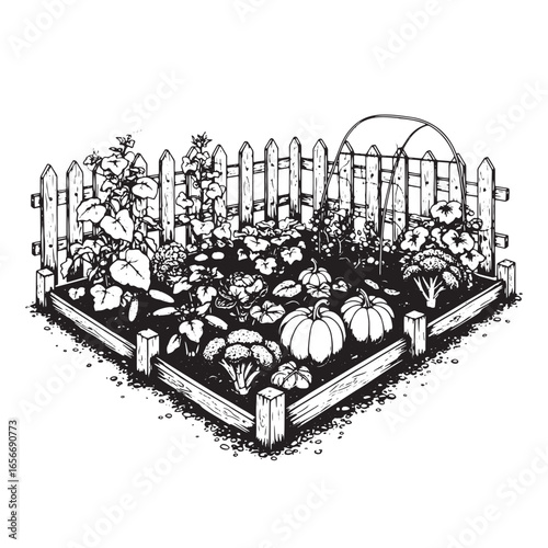 Black and white illustration of a raised garden bed with pumpkins and vegetables