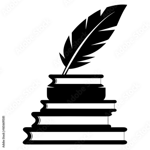 Book and Quill Pen Writing Vector Illustration Black Silhouette