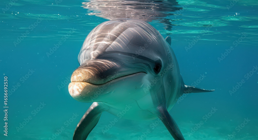 Naklejka premium A close up shot of a dolphin swimming underwater in clear turquoise water near the ocean floor