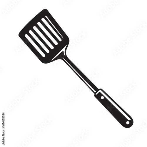 Black and white illustration of a slotted spatula kitchen utensil isolated on white