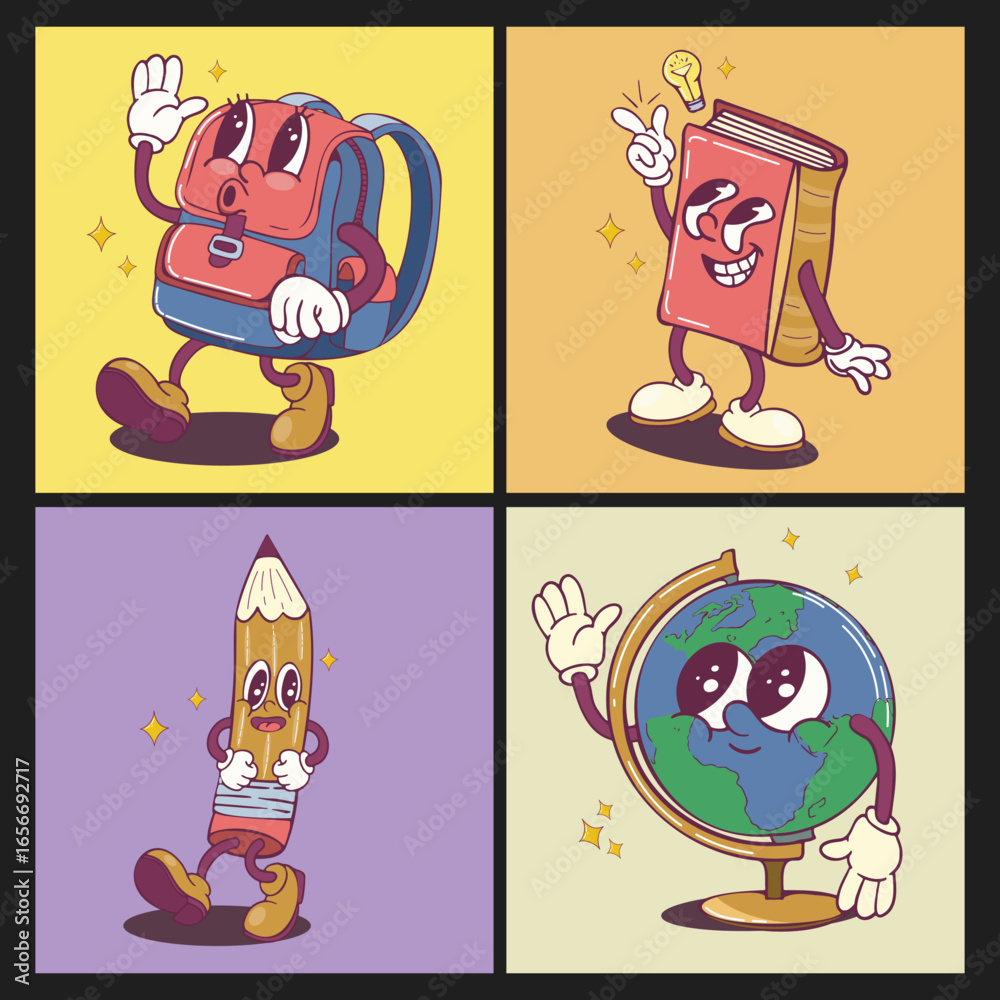 Fototapeta premium Cartoon mascot characters back to school in 90s retro groovy style. Walking with a backpack, a notebook, a globe, a pencil with gloved hands. Vector poster education, training