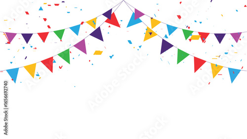 Colorful triangle bunting flags arching over a white background with falling confetti