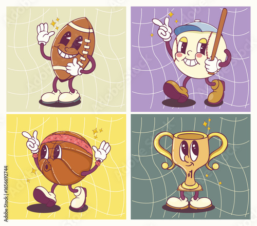 Set cartoon sports characters back to school stickers in the 90s style. Groovy characters a trophy, a football, a baseball, and a basketball. Trendy bright vector set