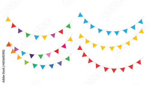 Colorful triangle bunting flags strung together for festive celebrations and parties