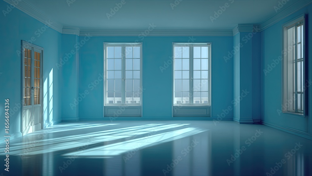 Fototapeta premium Empty, sunlit room with blue walls and large windows