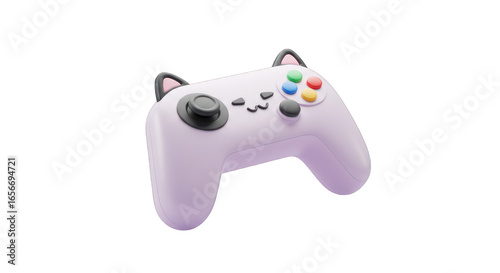 A charming lavender 3D rendered gaming controller, featuring adorable cat ears and vibrant buttons, floats playfully against a pristine white background.
