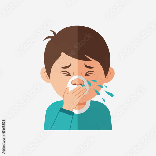 Child with a runny nose expressing discomfort while holding a tissue in a bright, simple background