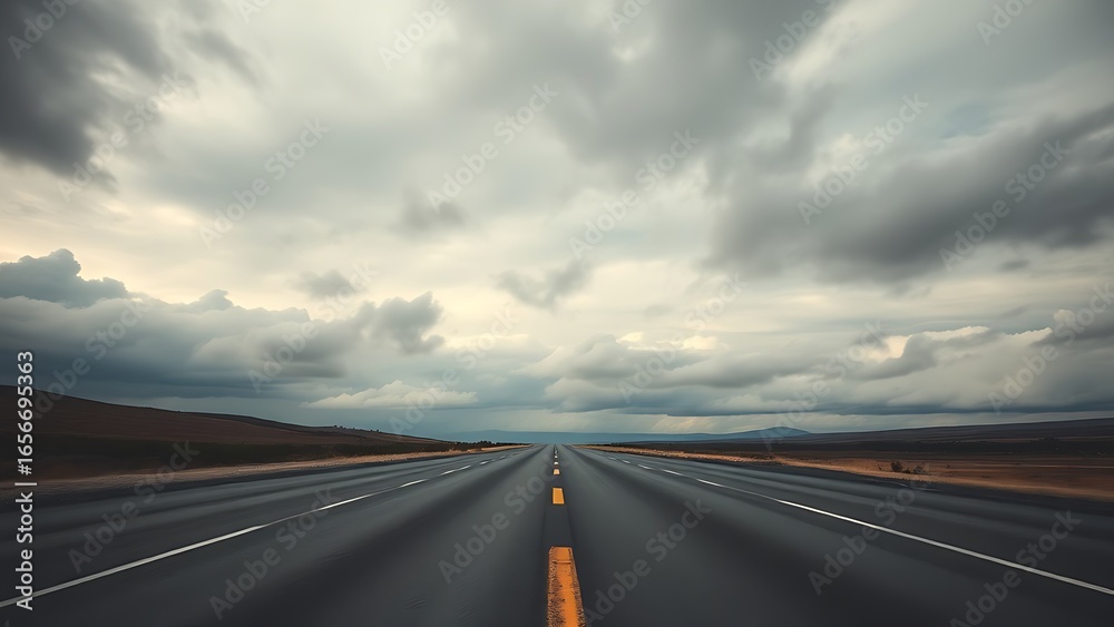 Naklejka premium A long empty road under a dramatic cloudy sky, evoking a sense of journey and solitude.