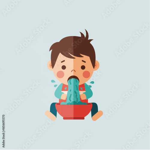 A young boy sitting on the floor, sadly spilling water from a bowl, with a light background