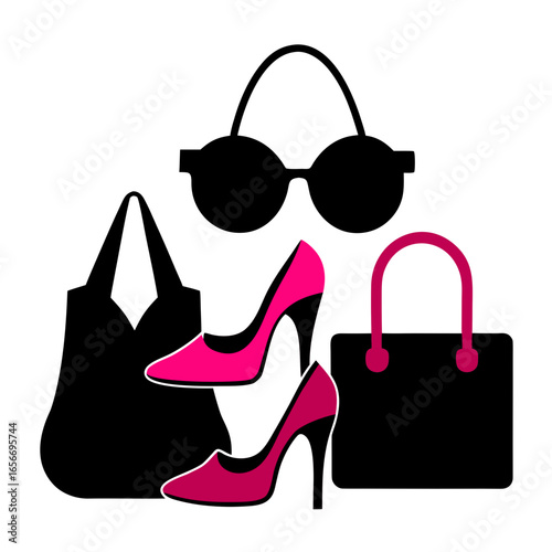 Black handbags pink heels round sunglasses fashion