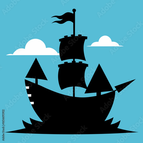 Black pirate ship sailing with white clouds black silhouette