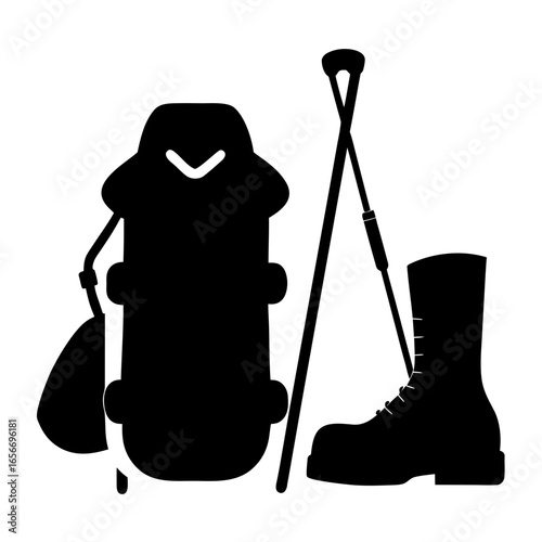 Black silhouette hiking gear backpack boot walking stick