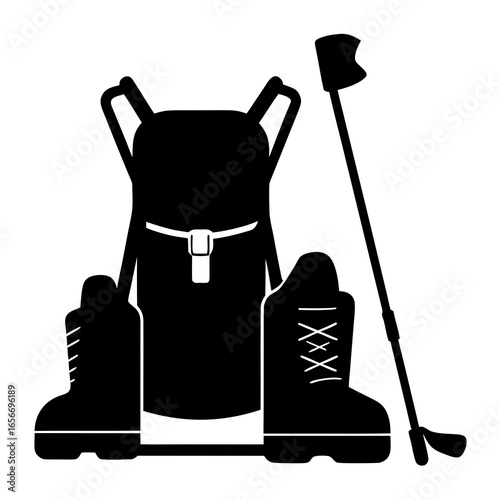 Black silhouette hiking boots backpack trekking pole