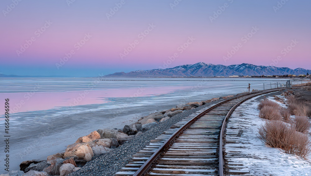 Fototapeta premium Rustic Train Tracks At Salt Lake Sunset With Snow