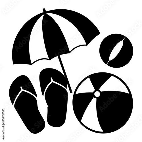 Black silhouettes of beach umbrella flip flops and balls