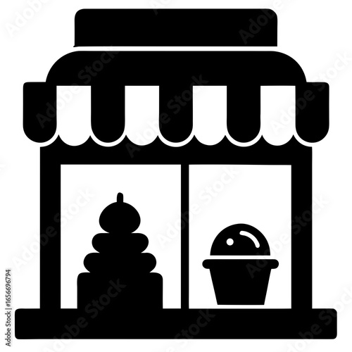 Black storefront tiered cake potted plant bakery building