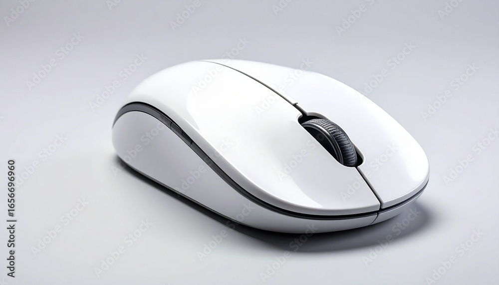 Sleek white computer mouse with glossy surface and dark scroll wheel on light gray background Sleek white computer mouse with glossy surface and dark scroll wheel on light gray background