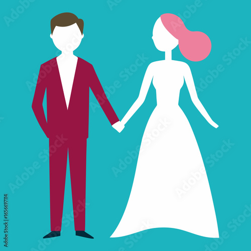 Bride groom holding hands flat illustration wedding