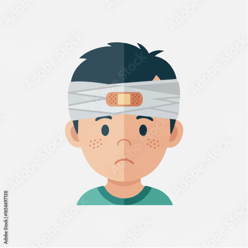 Young boy with a bandaged head showing a concerned expression, set against a plain background