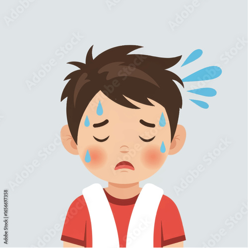 Sad cartoon boy with sweat droplets on his forehead, expressing disappointment in a simple background