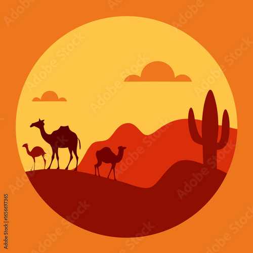 Desert caravan camels cactus landscape vector