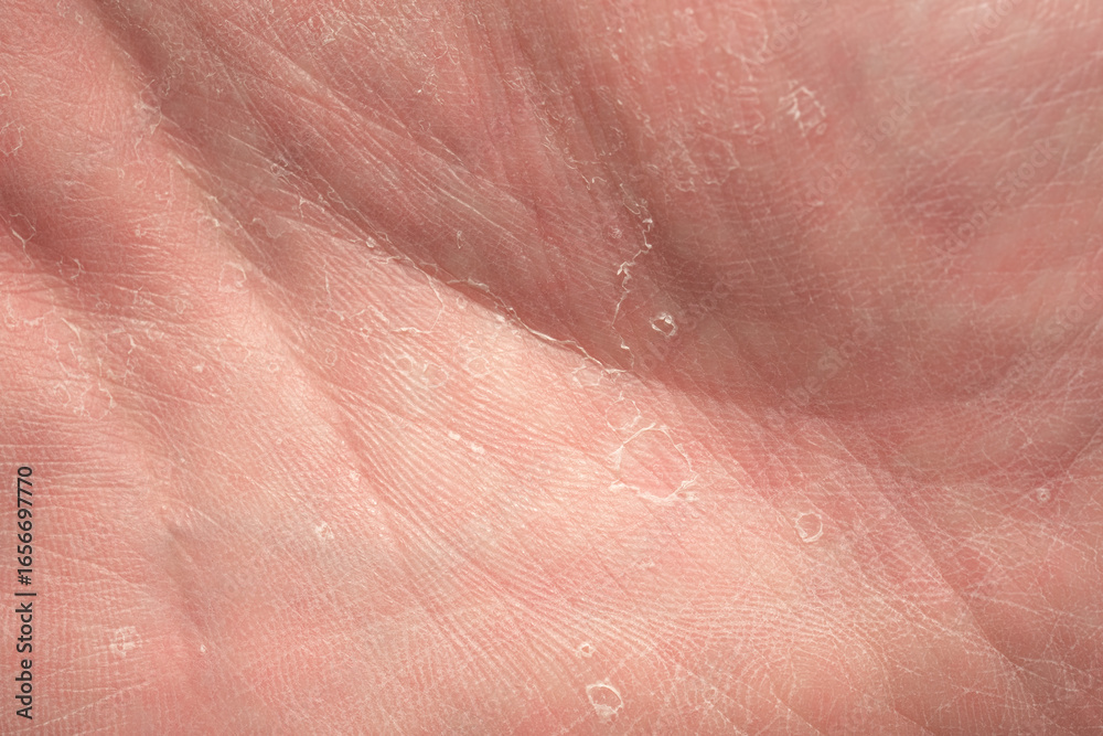 Fototapeta premium Macro shot of a human palm with visible dry skin and peeling texture, illustrating dermatology, skin problems, healthcare, and personal care