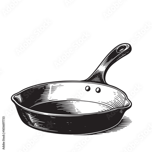 Detailed engraved illustration of a classic cast iron frying pan for cooking preparation