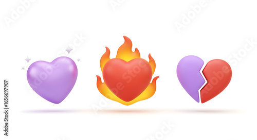3d  hearts isolated : shiny purple, red heart on fire, and broken purple and red heart.d