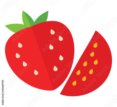 Close up of a vibrant strawberry slice revealing its juicy red interior and seeds