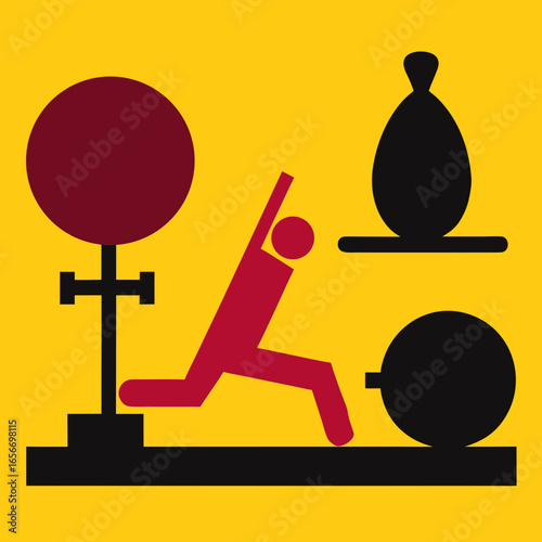 Red figure stretching near maroon ball and black weights