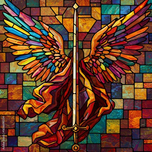 Stained glass art winged figure with sword colorful feathers and draped robe set against a mosaic background