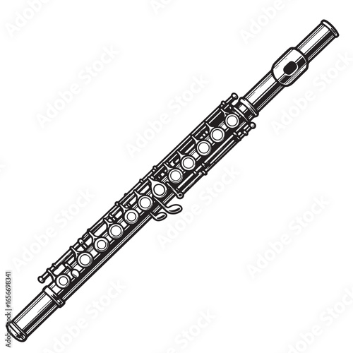 Detailed vector illustration of a classic flute musical instrument isolated on white background