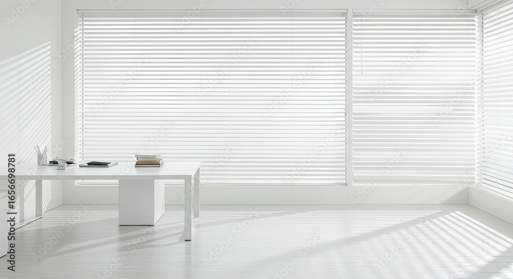 Fototapeta premium Bright, modern minimalist office interior bathed in natural light, featuring a clean white desk with books and stationery, creating a serene and productive workspace.