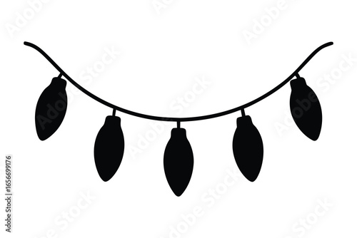 Black silhouette of a string of five Christmas lights on a white background string lights holiday lights