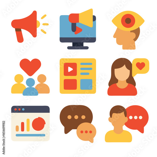 Social media marketing icons for boosting engagement on platforms. Ideal for digital marketing companies, social media agencies, and website designs.