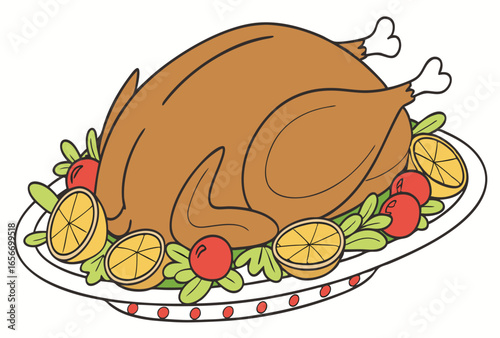 Beautifully presented roasted turkey with festive garnishes