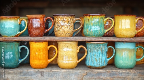 Colorful ceramic mugs arranged on wooden shelves