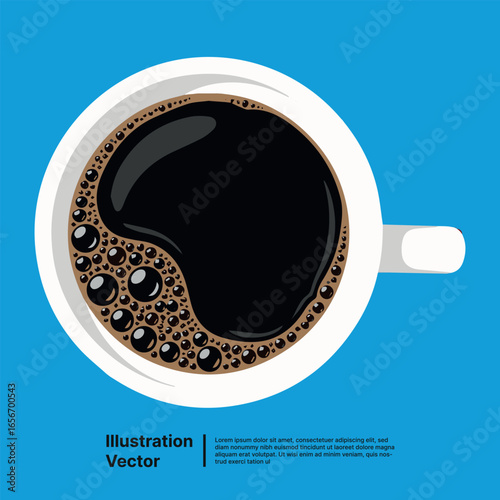 Stylized vector illustration of a dark black coffee drink in a clean white ceramic cup viewed from above