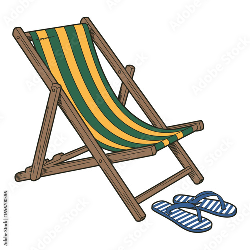 Striped deck chair and flip flops ready for relaxation