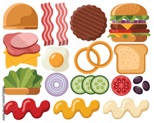 Delicious burger ingredients and condiments arranged artfully
