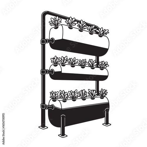 Illustration of a hydroponic vertical farm with various plants in a modern agriculture design.