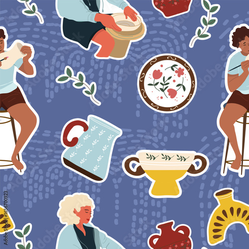 Pottery seamless pattern. Modern vases, people characters, plates, ceramic clay. Handmade, DIY, hobby, handcraft workshop. hand drawn style vector surface for textile, paper, web page background.