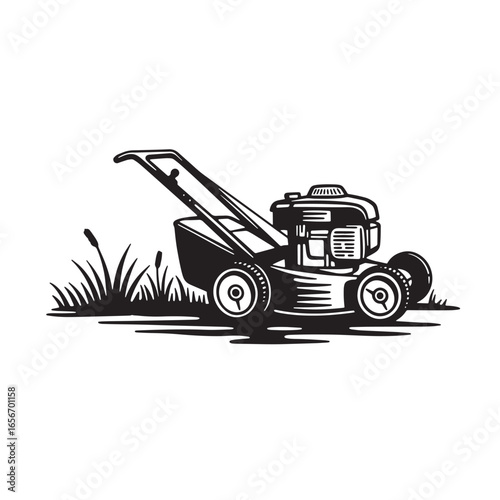 Lawn mower illustration in black and white depicting gardening and yard maintenance