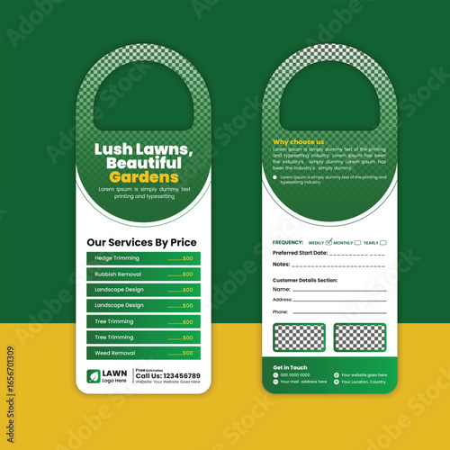  Lawn mowing and gardening, yard care, door hanger template, grass cutting, and Lawn Maintenance door hanger template layout